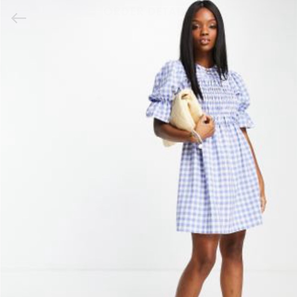 Blue and white gingham smocked dress